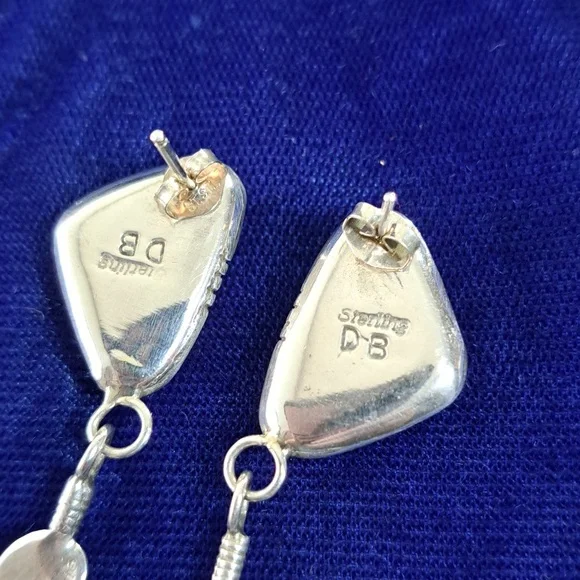 Vintage Native American Turquoise Sterling Silver Feather Earrings Signed - Picture 8 of 15